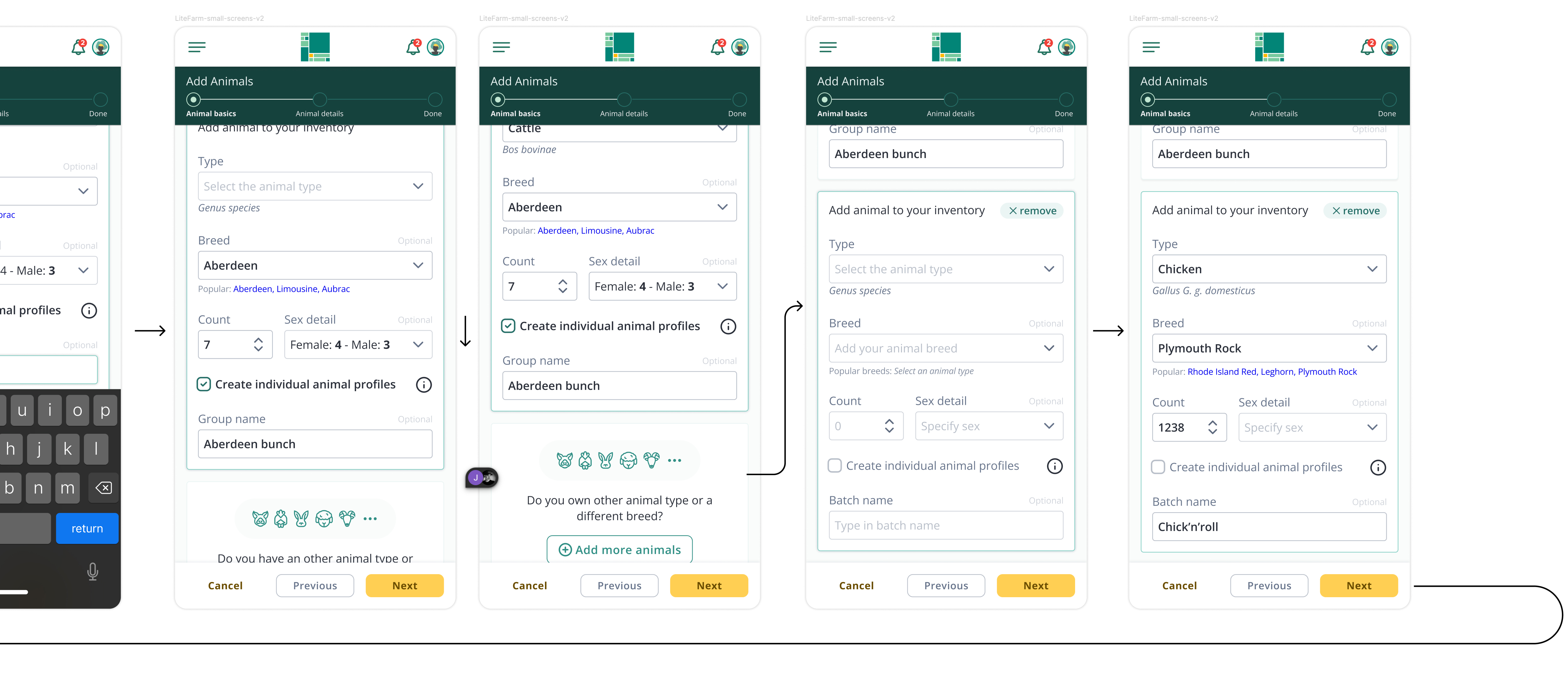 The add-animal flow showing the choice between adding a unique individual and adding a batch