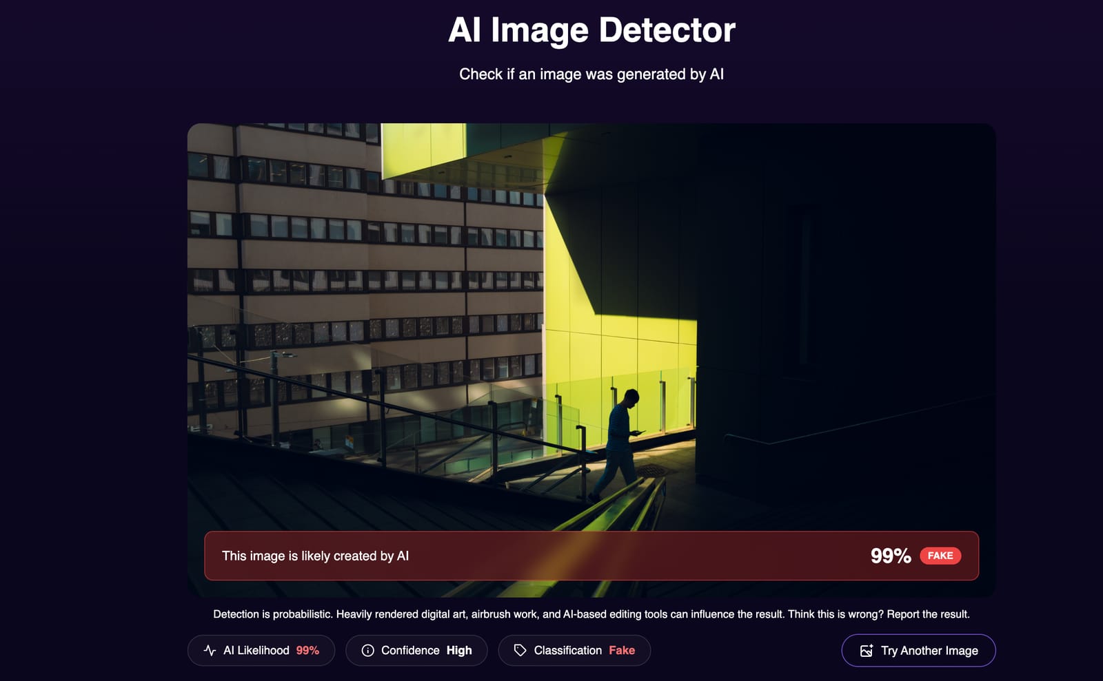 An AI image detector showing the photograph with a red verdict bar reading: this image is likely created by AI, 99%, classification fake, confidence high