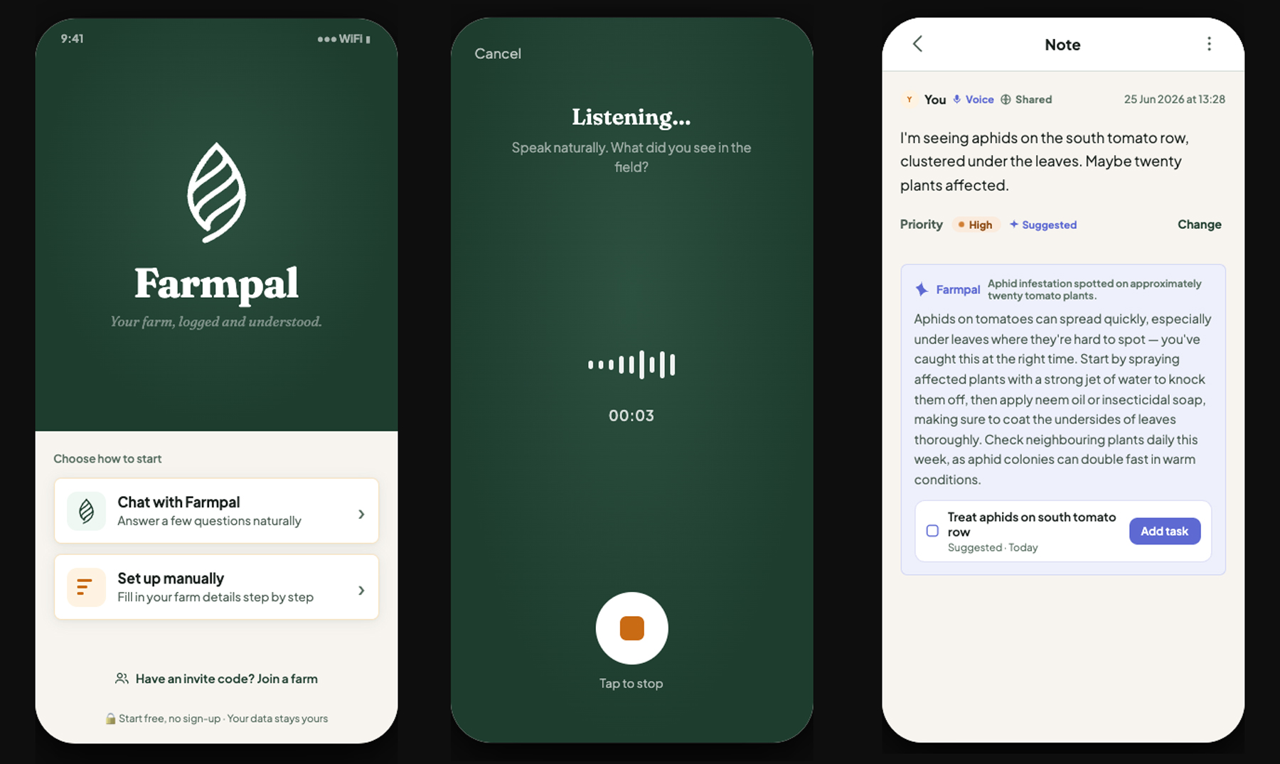 Three screens from the working prototype — the welcome, one-tap voice capture, and a note carrying Farmpal's AI advice and a suggested task.