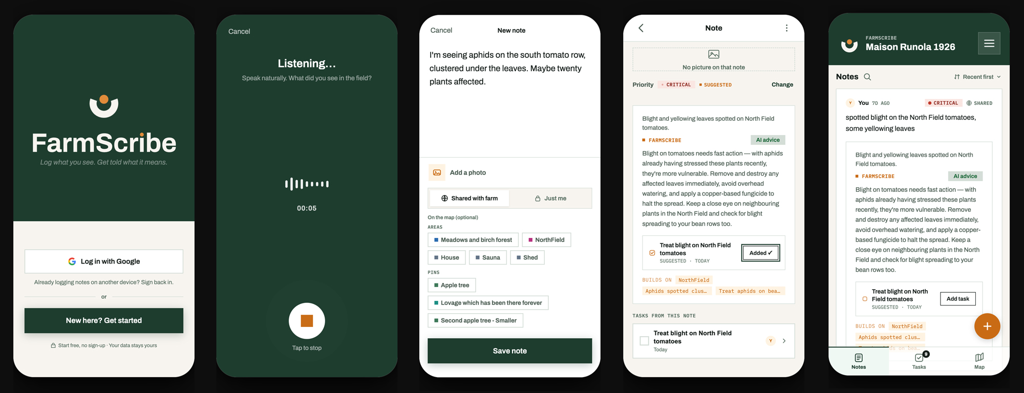 The farm-aware app, from voice capture to a note pinned to the farm's own areas, with advice that builds on the history it was built on.