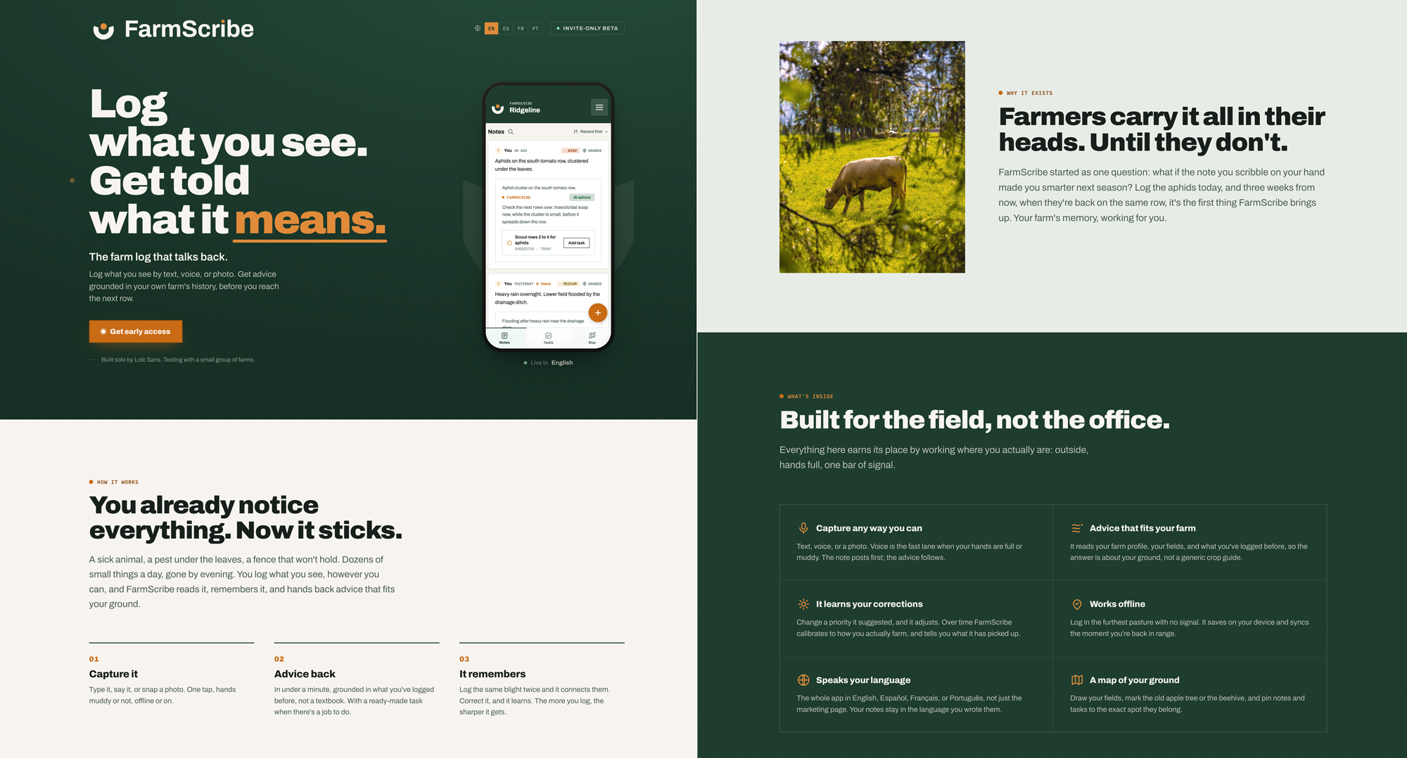 The Farmscribe landing page and the app shown in four languages, the go-to-market surface built for launch.