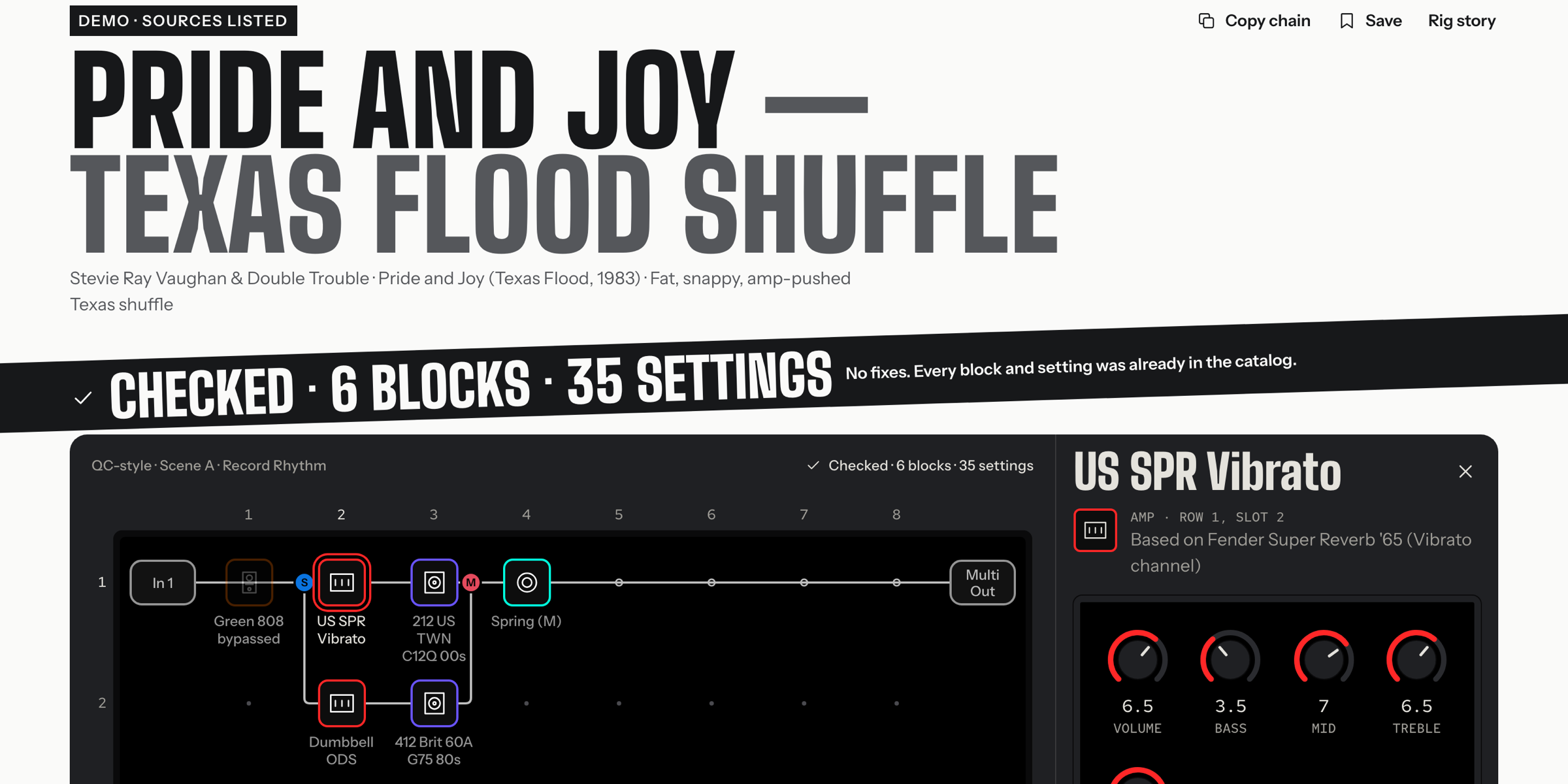 A demo chain on gridtone.app, Pride and Joy, with what the check found on its tilted band and the selected amp's settings beside the grid.