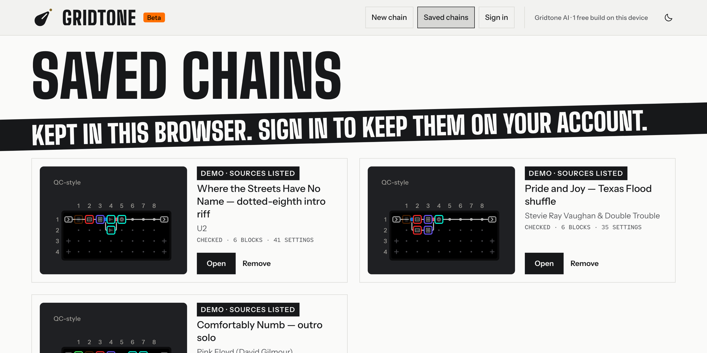 Saved chains on gridtone.app, each with its plate. Signed out they stay in the browser; signed in they live on the account.