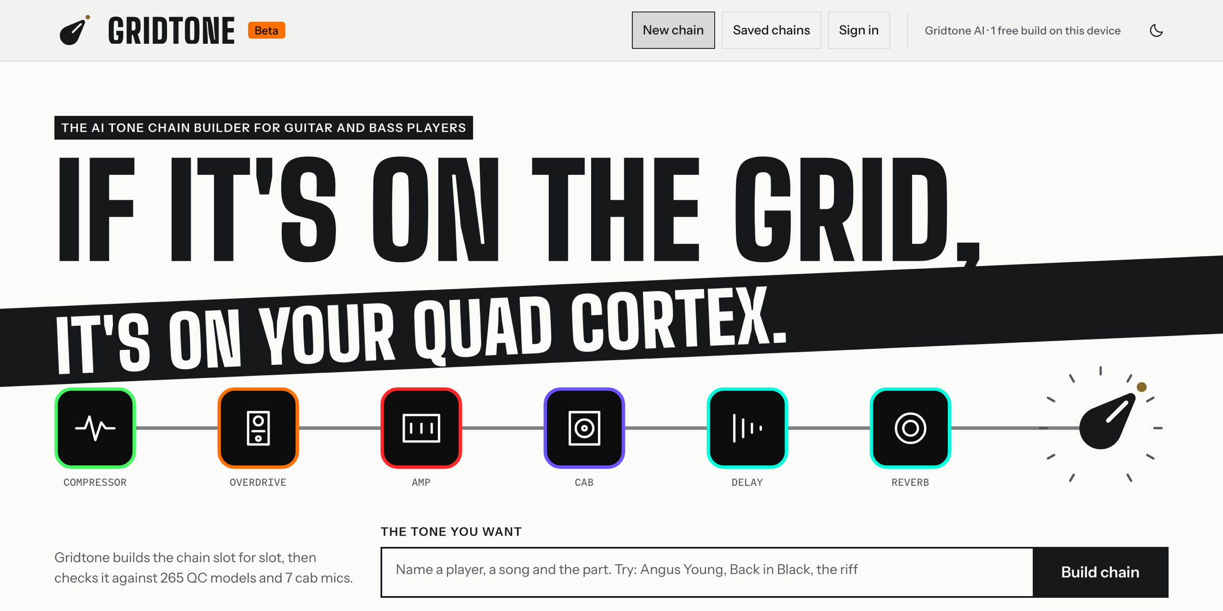 Home on gridtone.app, the promise on its tilted band, the prompt and the first demo chains.