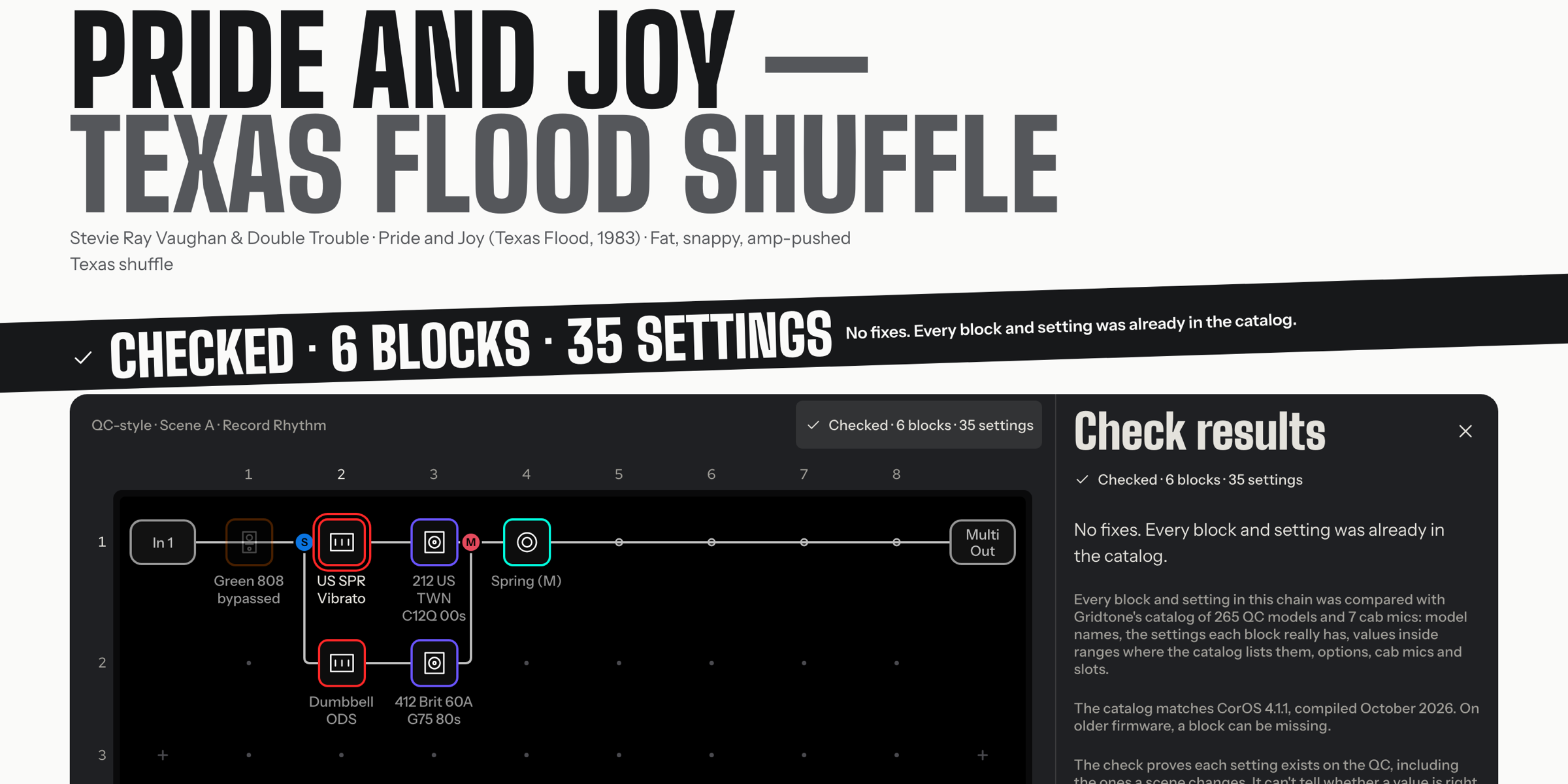 The check results of a demo chain, every block compared with the catalog, and the firmware the check used.