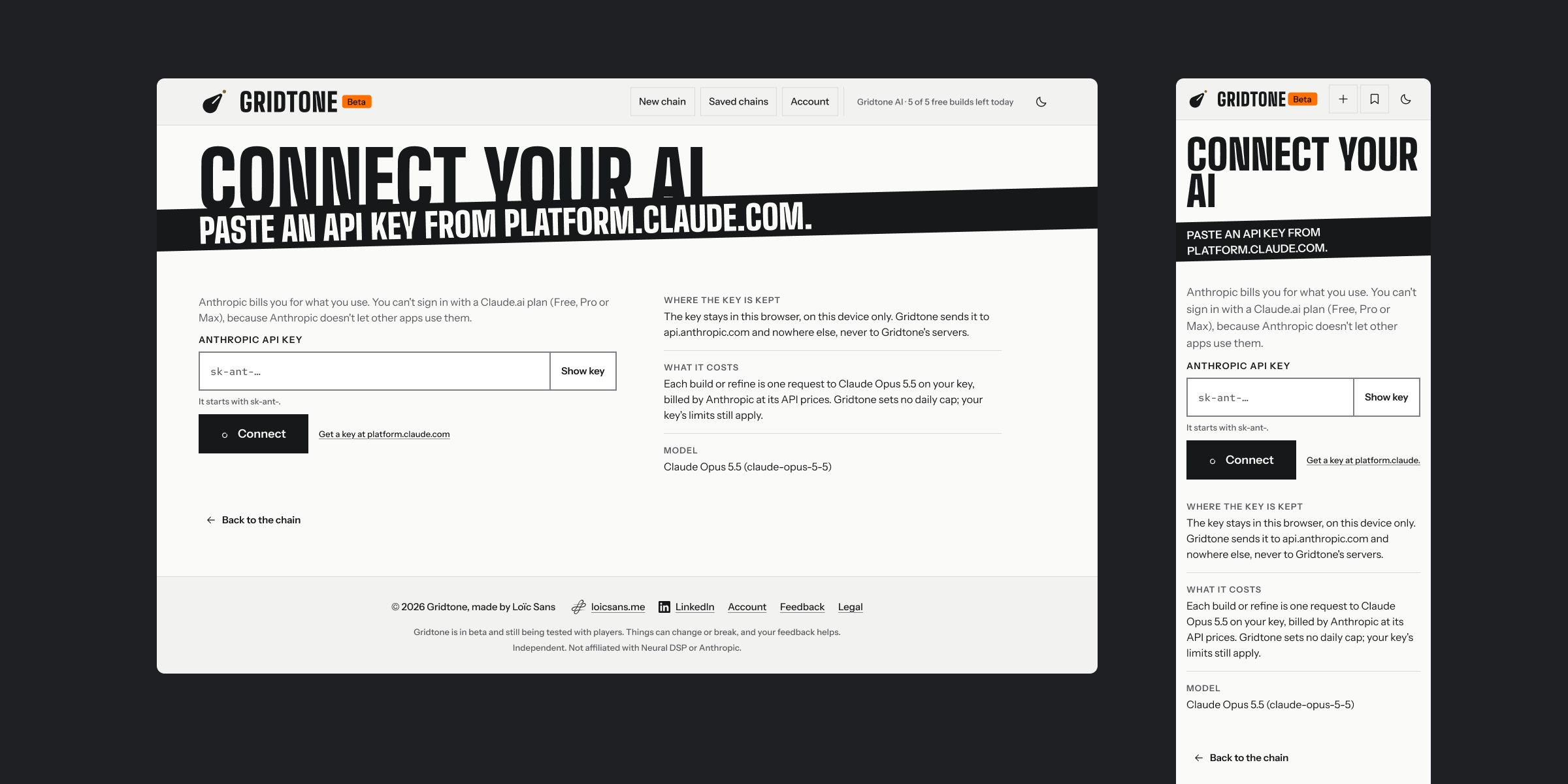 Connect Your AI, the page where a player brings their own Anthropic key, from the Figma screens.