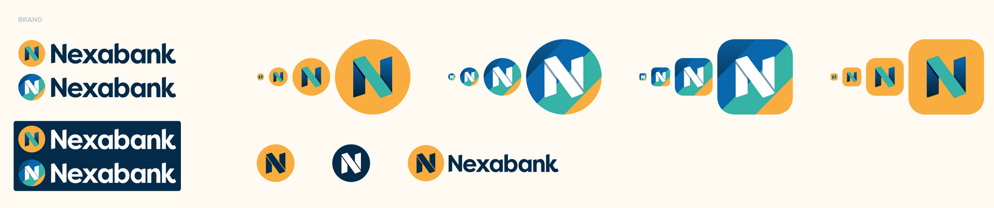 Nexabank logomark in wordmark, monogram, and app-icon variants across sizes and backgrounds