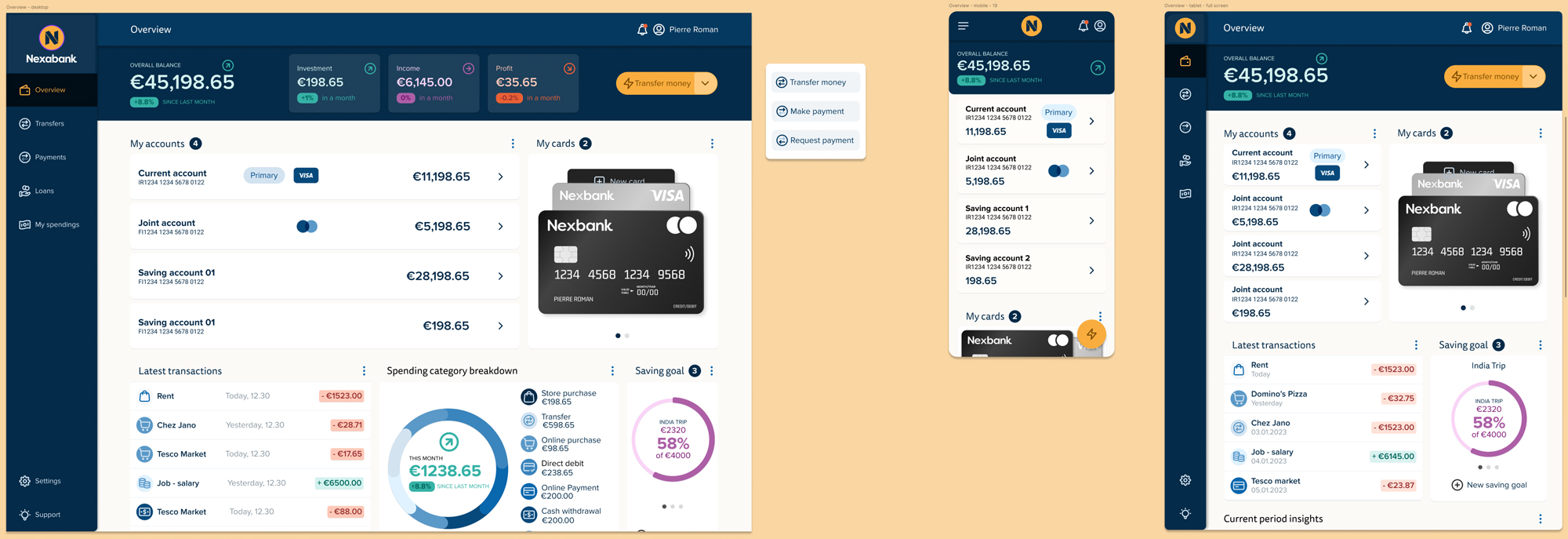 Nexabank product UI across desktop, tablet, and mobile breakpoints