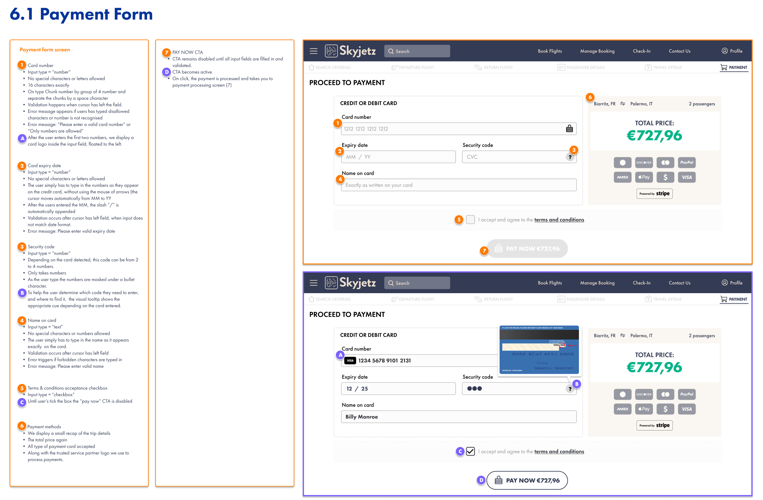 Annotated payment form specification with validation rules and error states