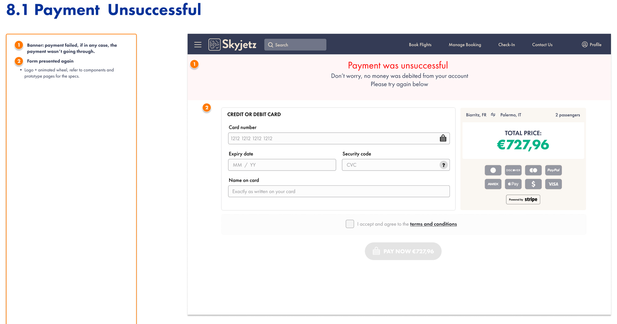 Payment unsuccessful screen with reassurance copy and recovery path