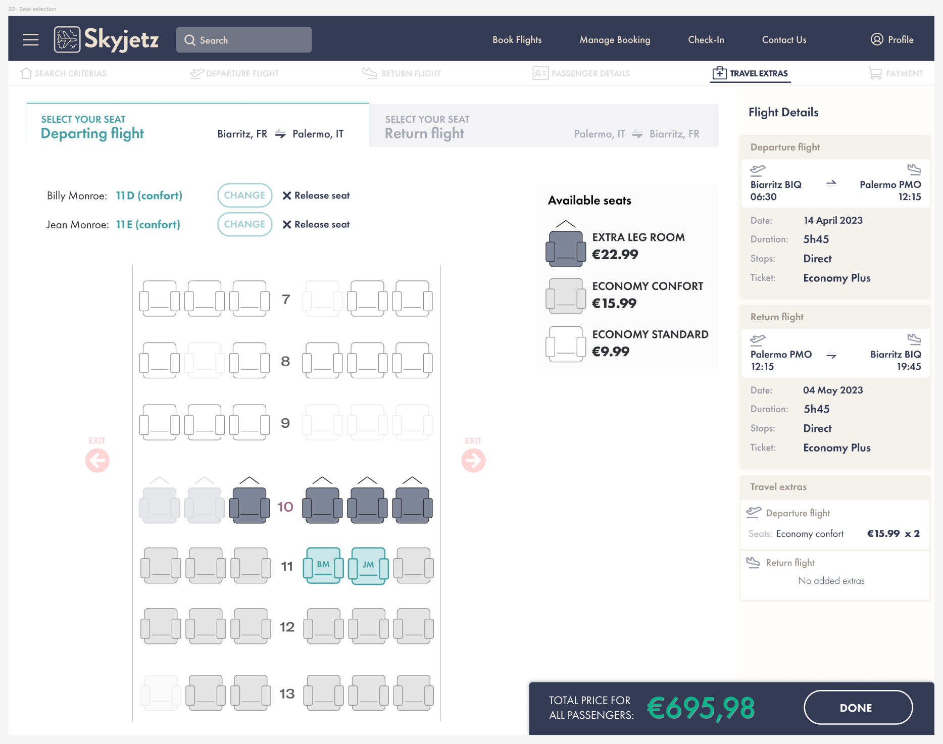 Seat microapp with seats confirmed for both passengers across both legs, running total updated