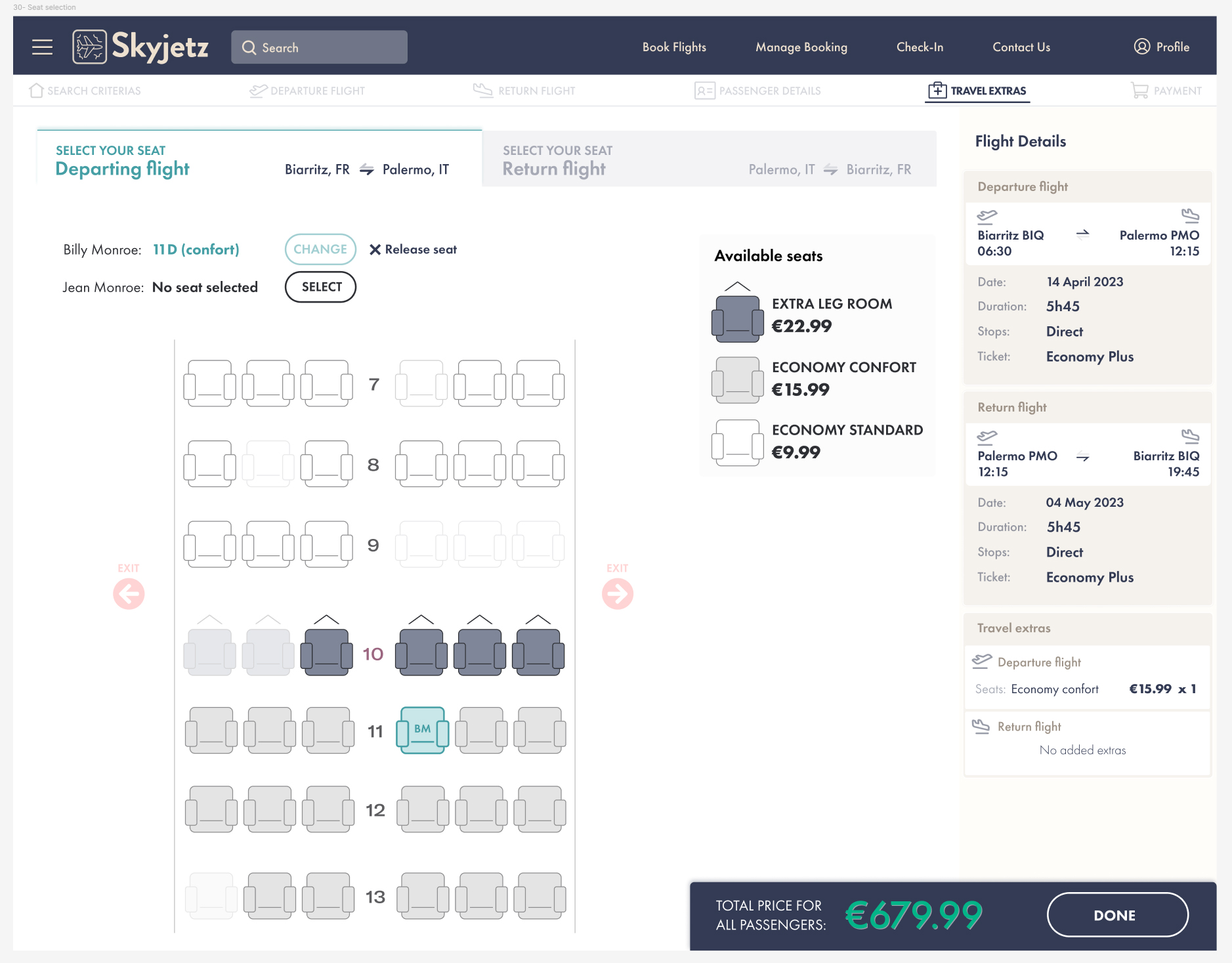 Seat microapp with one passenger seated and one still unselected, sidebar reflecting partial state