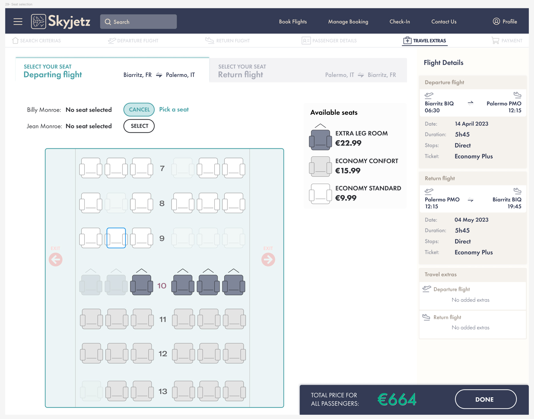 Seat microapp in selecting state, button switched to Cancel and seat map highlighted