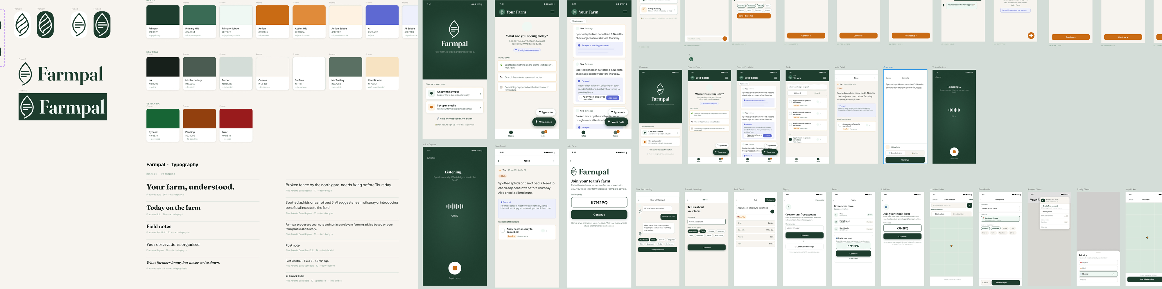 Farmscribe design principles, colour system, and core screen breakdown.