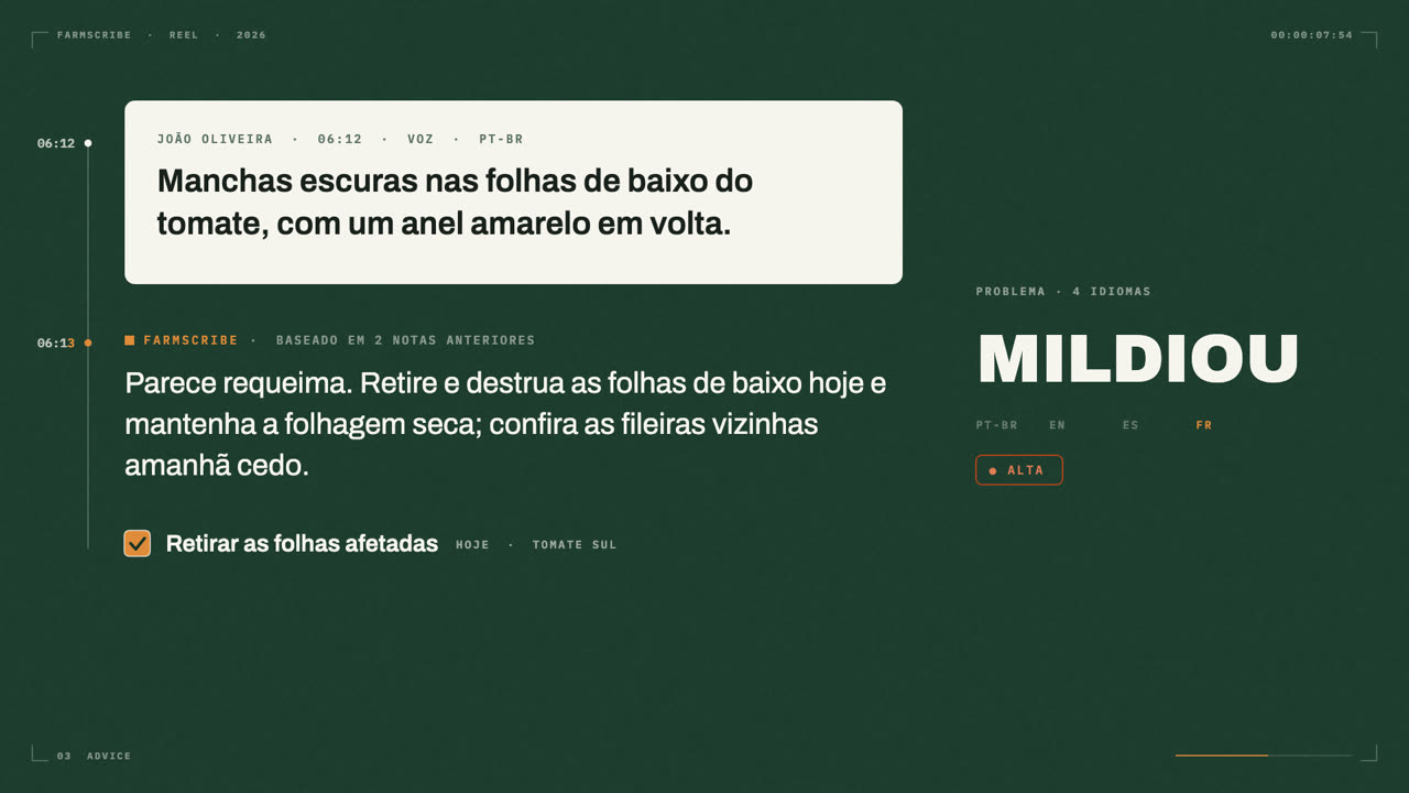 Le film FarmScribe en cours : une note de terrain en portugais brésilien sur fond vert profond, le conseil revenu en dessous, une tâche cochée, et le problème, MILDIOU, en grand à droite