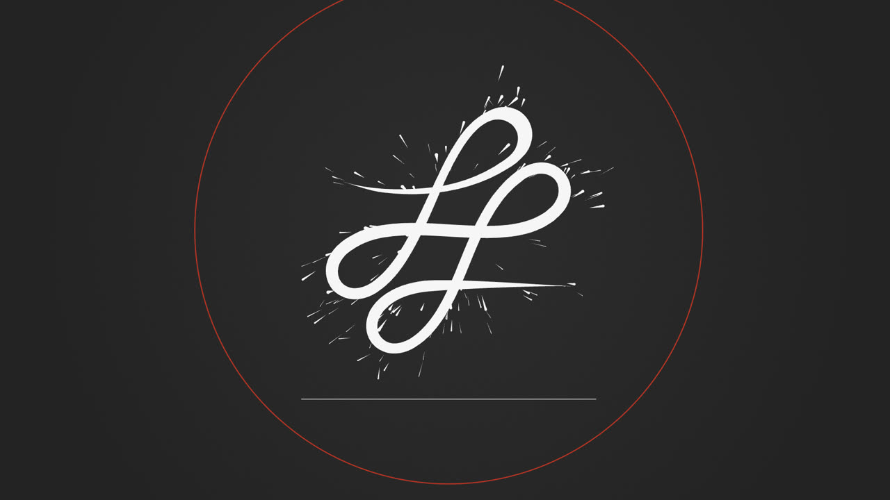 The Loïc Sans logomark at the moment it lands: white on black, ink thrown outward, a thin red ring expanding around it
